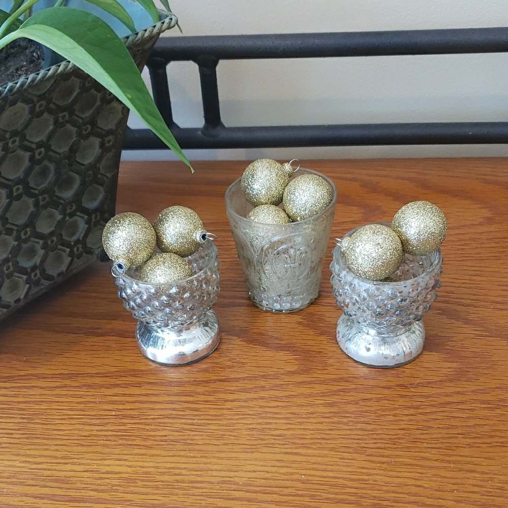 Painted Gold Decorative Tealight/Votive Holder Set (3) w/ Glitter Ball Ornaments